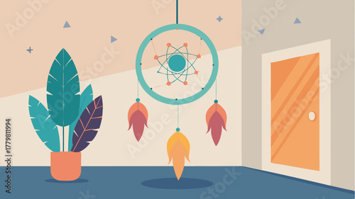 A bohemian dreamcatcher hanging in the corner adding a touch of whimsy to the room.