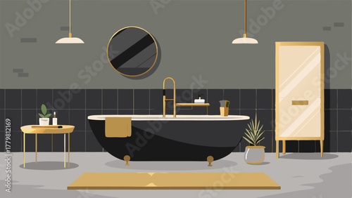 A bathroom with a black marble vanity gold fixtures and a freestanding bathtub.