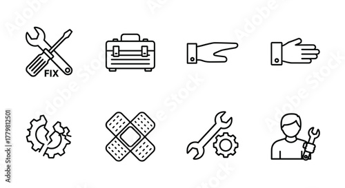 Repair icon set featuring fix, maintenance, toolbox, assistance, broken, troubleshoot, patch, and repairman service icons, part of a solid icon collection for various applications, representing tools
