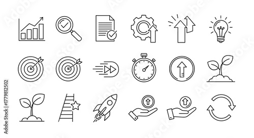 Set of outline icons representing progress, growth, and efficiency, presented as a linear icon collection with editable strokes. This ordered line icon set is ideal for business, technology, and