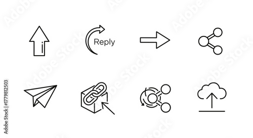A collection of eight minimalist line icons on a black background, featuring essential digital communication and sharing symbols such as an upload arrow, a reply arrow, a forward arrow, a share