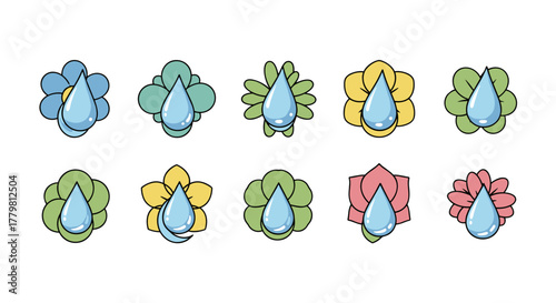 Set of 10 stylized flower icons with water drops in the center, featuring a variety of colors including blue, green, yellow, and pink petals, presented as a clean vector cartoon illustration on a