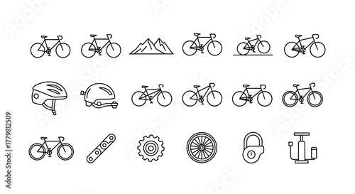 A collection of modern and editable bicycle icons, presented in a vivid and clean line art style on a crisp white background, offering a simple yet versatile vector illustration for various design