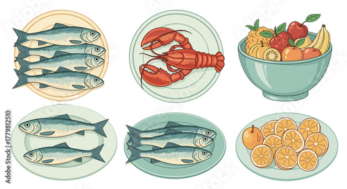 Charming retro cartoon vector illustration set featuring vintage pastel sardines on plates, a vibrant red lobster on a dish, and a colorful fruit bowl brimming with apples, strawberries, bananas, and