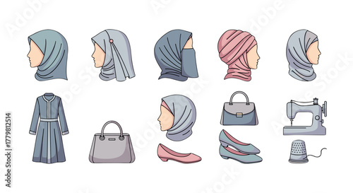 Collection of Muslim fashion items, including various styles of hijabs, a niqab, a modest dress, handbags, elegant shoes, a sewing machine, and a thimble, presented as a clean vector cartoon