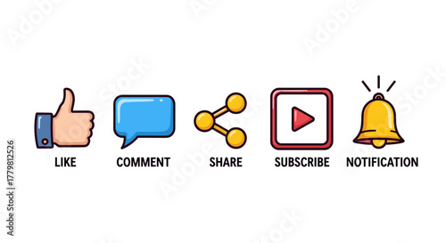 Vibrant and engaging set of social media icons including a thumbs-up for 'Like', a speech bubble for 'Comment', a connected node symbol for 'Share', a play button within a frame for 'Subscribe', and