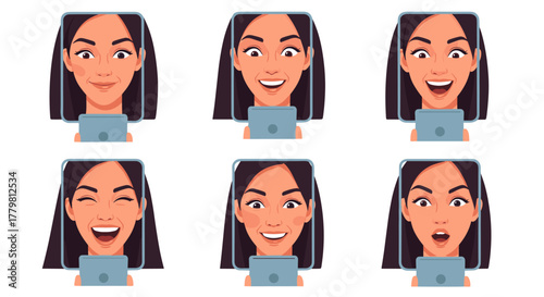 Set of six diverse facial expressions of a young woman holding a smartphone, captured in a modern illustration style, showcasing emotions like joy, surprise, and laughter, perfect for digital content
