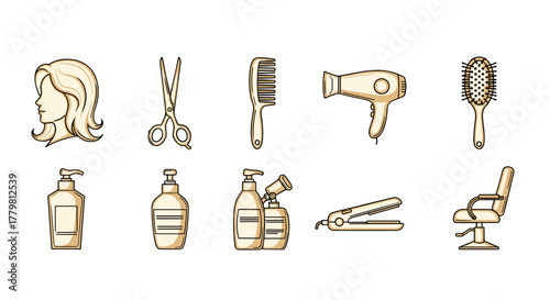 Golden gradient cartoon illustration of a woman's profile and a set of professional hairdressing tools, including scissors, comb, hairdryer, brush, shampoo bottles, hair straightener, and salon