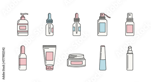 Collection of minimalistic cosmetic bottles and containers, including serum droppers, spray bottles, lotion pumps, ampoules, tubes, and jars, presented in a clean, modern vector cartoon style with a
