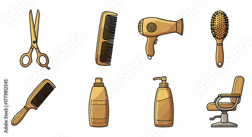 Golden gradient cartoon illustration of a set of professional hairdressing tools and equipment, including scissors, combs, a hairdryer, a hairbrush, shampoo bottles, and a barber chair, perfect for