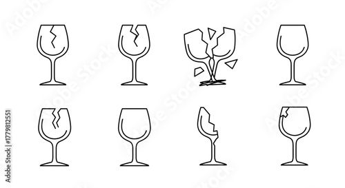 Collection of minimalist linear icons representing broken wine glasses, symbolizing concepts of loss, mistakes, or fragility in a clean, modern vector art style, perfect for web design, apps