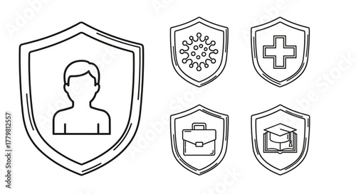 Set of simple line art icons representing insurance and protection, including shields with a person silhouette, a virus, a medical cross, a briefcase for business, and a graduation cap over a book