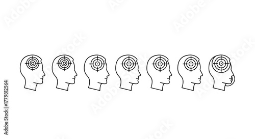 A conceptual vector illustration depicting a sequence of six human head profiles, each with a target symbol superimposed on the brain area, symbolizing focus, goals, or mental concentration. The