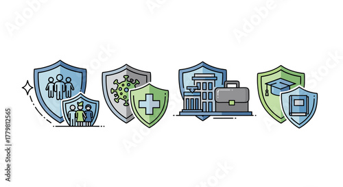 Set of simple, flat design icons representing insurance and protection concepts, including shields with people, a virus, a medical cross, a business building with a briefcase, and educational symbols