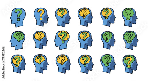 A repeating pattern of blue human head profiles, each containing a question mark within a stylized brain, some question marks are yellow and some are green, symbolizing thought, confusion, and