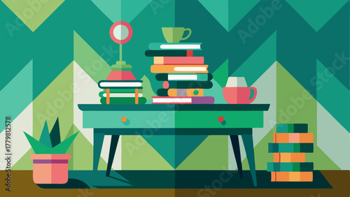 A bold geometric wallpaper in shades of green and pink creates a stunning backdrop for a hallway table styled with stacks of books and quirky decor.