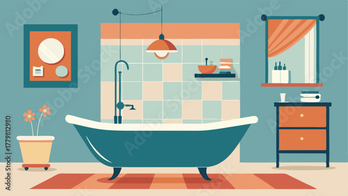 A bathroom featuring a mix of retro and modern elements such as a vintage clawfoot bathtub and a sleek minimalistic vanity.