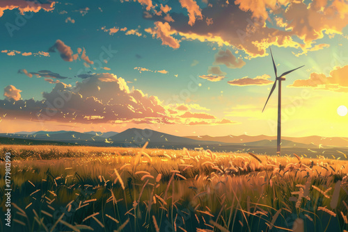 Wind turbines silhouetted against a colorful, dramatic sunset sky over a golden field