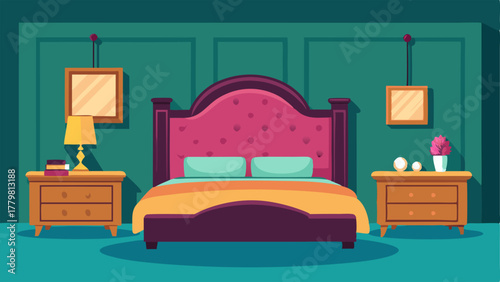 A bedroom with a plush velvet headboard and a reclaimed wood dresser.