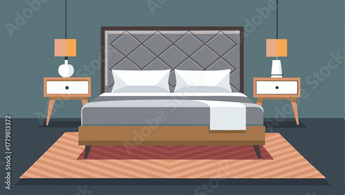 A bedroom with a gray upholstered bed white and wood nightstands and a geometric patterned rug.
