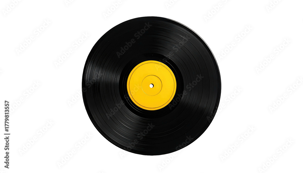 Fototapeta premium Vinyl record. Black disc with yellow center label on a solid black background, creating a classic musical image