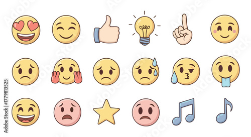 Collection of colorful and expressive emoji icons and symbols on a black background, including faces with various emotions like love, happiness, sadness, and worry, along with a thumbs-up, a