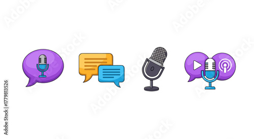 A vibrant collection of four distinct icons representing audio and communication, featuring a purple speech bubble with a microphone, two chat bubbles in yellow and blue, a classic microphone on a