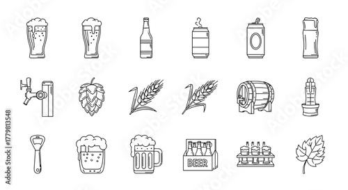 Collection of outline icons representing beer and brewing elements, including glasses of beer, bottles, cans, hops, wheat, barrels, taps, bottle openers, and beer leaves, perfect for infographics