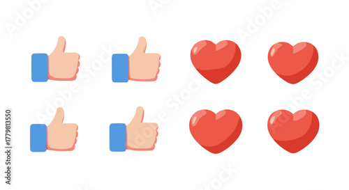 Set of four 3D-style social media icons, featuring two thumbs-up gestures and two red hearts, presented with different viewpoints against a stark black background, ideal for digital marketing and