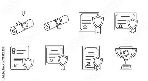 Set of minimalistic award and diploma icons with shields, representing achievement, security, and recognition. Includes rolled scrolls, framed certificates, and a trophy cup, perfect for web, graphic