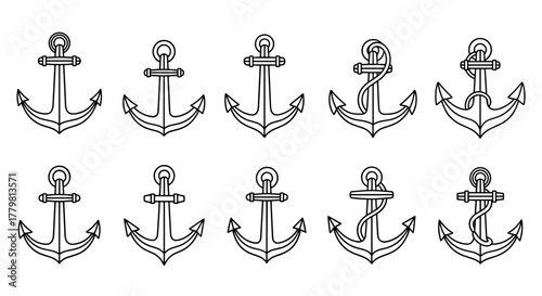 Collection of ten distinct anchor outline illustrations, featuring editable strokes and a clean, cartoon vector style, perfect for infographics, articles, books, flyers, and banners, symbolizing