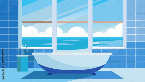 A bathroom with light blue and white tiles a modern freestanding bathtub and a large window facing the ocean.