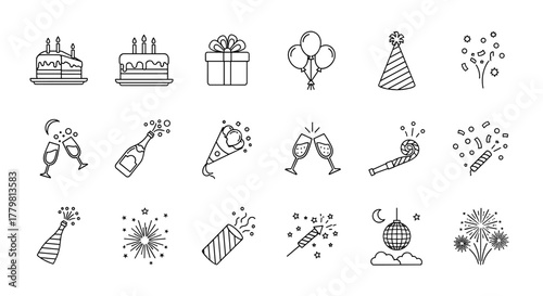 Collection of birthday party and New Year celebration icons, including cakes, gifts, balloons, party hats, champagne glasses, party blowers, and fireworks, presented as clean, ordered line art on a