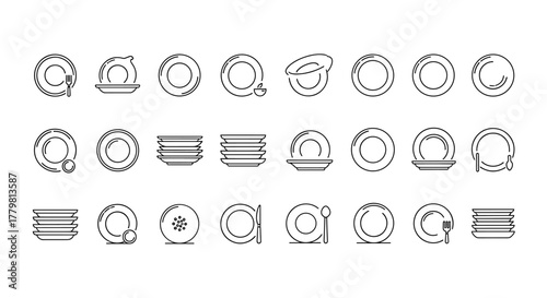 Collection of clean, simple, linear outline icons representing various plates and dishes, perfect for web, books, cards, and apps. Editable stroke vector cartoon illustrations showcasing different