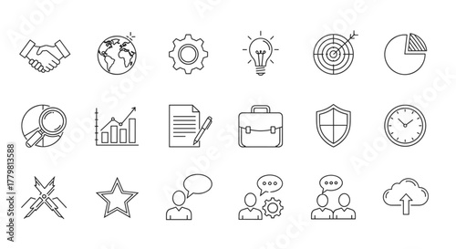 A collection of thin outline business and teamwork line icons, including handshake, globe, gear, lightbulb, target, pie chart, magnifying glass, bar graph, document with pen, briefcase, shield