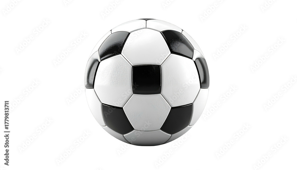 Fototapeta premium Classic black and white soccer ball with a glossy finish floating against a plain black background