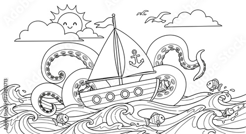 Whimsical nautical adventure coloring page design for kids, featuring a charming sailboat embraced by playful kraken tentacles amidst stylized ocean waves under a smiling sun and clouds, with little