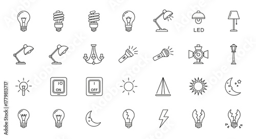 A comprehensive collection of line icons related to light and illumination, featuring various types of lamps, light bulbs, switches, and celestial bodies, suitable for graphic and web design, app