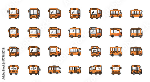Collection of vibrant, minimalistic orange bus icons with a filled color design, featuring clean lines and a linear pictogram style perfect for web and graphic design, app interfaces, banners, social