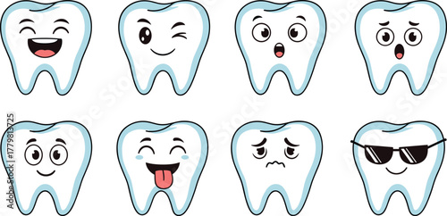 Cartoon teeth with various facial expressions on transparent background