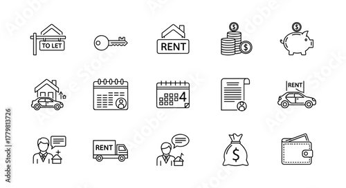 Vector graphic illustration of a rent icon set, featuring a 'To Let' sign, key, rent sign, stacked coins, piggy bank, house with car, calendar with coins, contract with person icon, car with rent