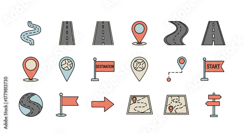 Set of minimalist route, road, and map pin icons and pictograms for web and graphic design, apps, banners, social networks, and cards, presented as a vector cartoon illustration with a black