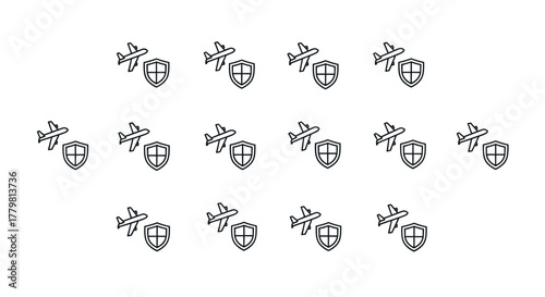 Minimalistic linear sign featuring an airplane flying near a shield, symbolizing travel insurance or aviation security. This vector cartoon illustration is perfect for web design, graphic design