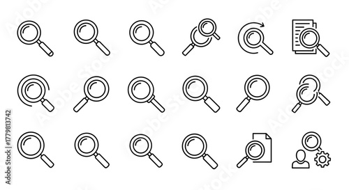 Collection of magnifying glass icons in a clean, ordered line set on a white background, representing search and discovery. This vector illustration features multiple variations of the search icon