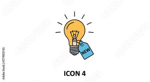 Illuminated light bulb with a blue tag displaying the word "NEW", symbolizing a fresh idea, innovation, or a newly launched product. This graphic represents creativity, discovery, and the spark of