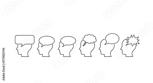 Minimalistic thin outline icons representing speech bubbles and thought clouds within human head silhouettes, symbolizing communication, ideas, and mental processes. Perfect for web design, graphic