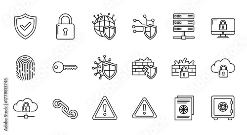 Set of cybersecurity and protection editable stroke pictograms, including a shield with checkmark, padlock, global shield, digital shield, server rack, computer monitor with lock, fingerprint, key