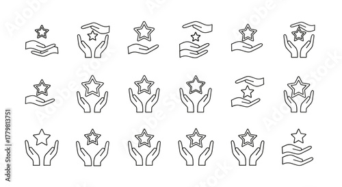 Set of minimalistic thin outline icons depicting hands holding stars, symbolizing trust, quality, and achievement. Ideal for web design, app interfaces, banners, social media, and graphic design