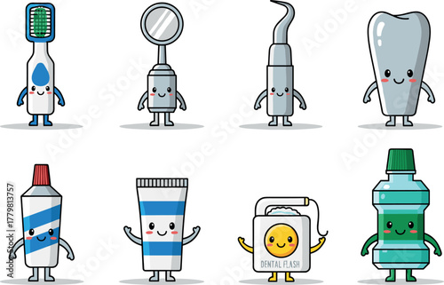Cartoon dental hygiene tools and tooth characters on transparent background