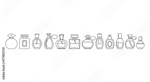 Collection of elegant perfume bottle outlines, showcasing diverse shapes and styles, perfect for graphic design, web sites, cards, books, and articles. This vector cartoon illustration features an